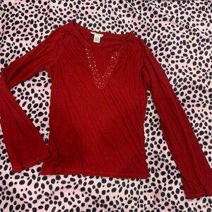 Red V Neck Bell Sleeve Blouse